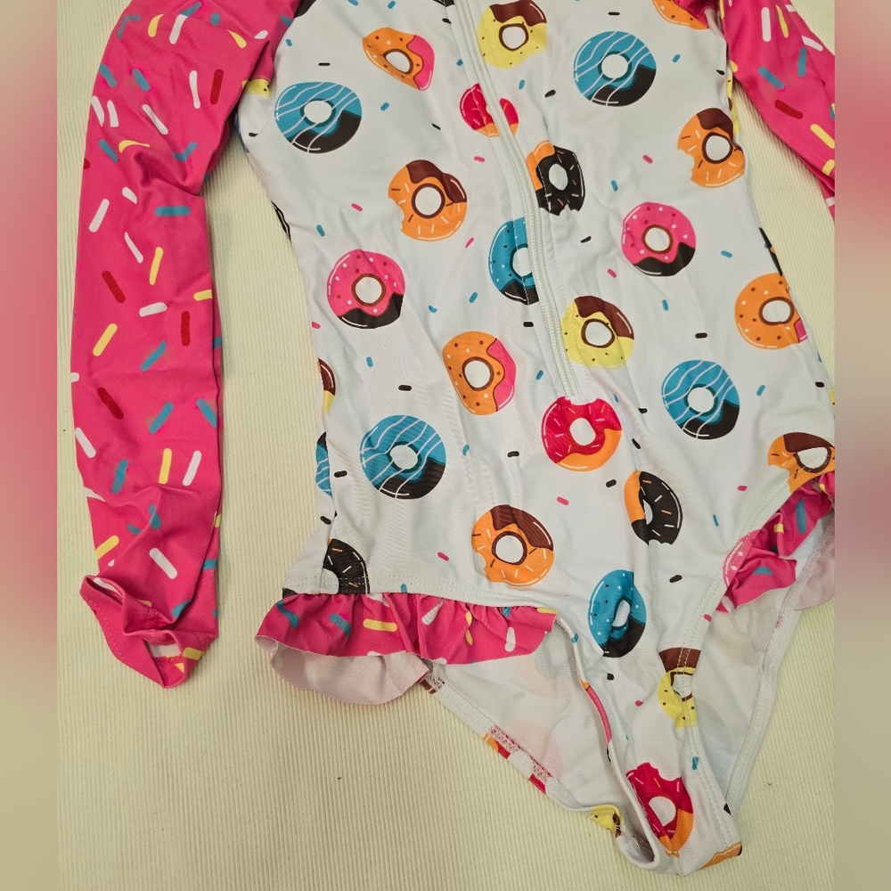 New! Girls Donut Print Long Sleeve Rashguard One-Piece Swimsuit, Pink/White - Picture 4 of 6